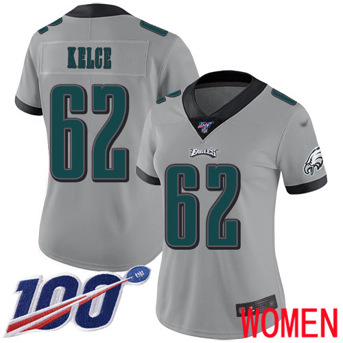 Women Philadelphia Eagles #62 Jason Kelce Limited Silver Inverted Legend NFL Jersey 100th Season Football
